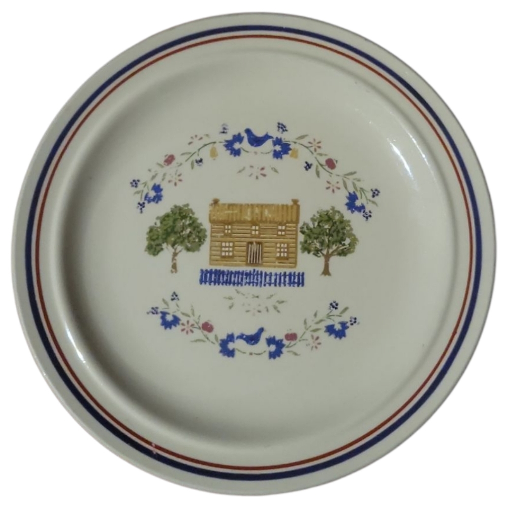 1 Vtg 1986 Newcor 5003 Homespun Salad Dessert Plate Blue Bird Cabin Stoneware